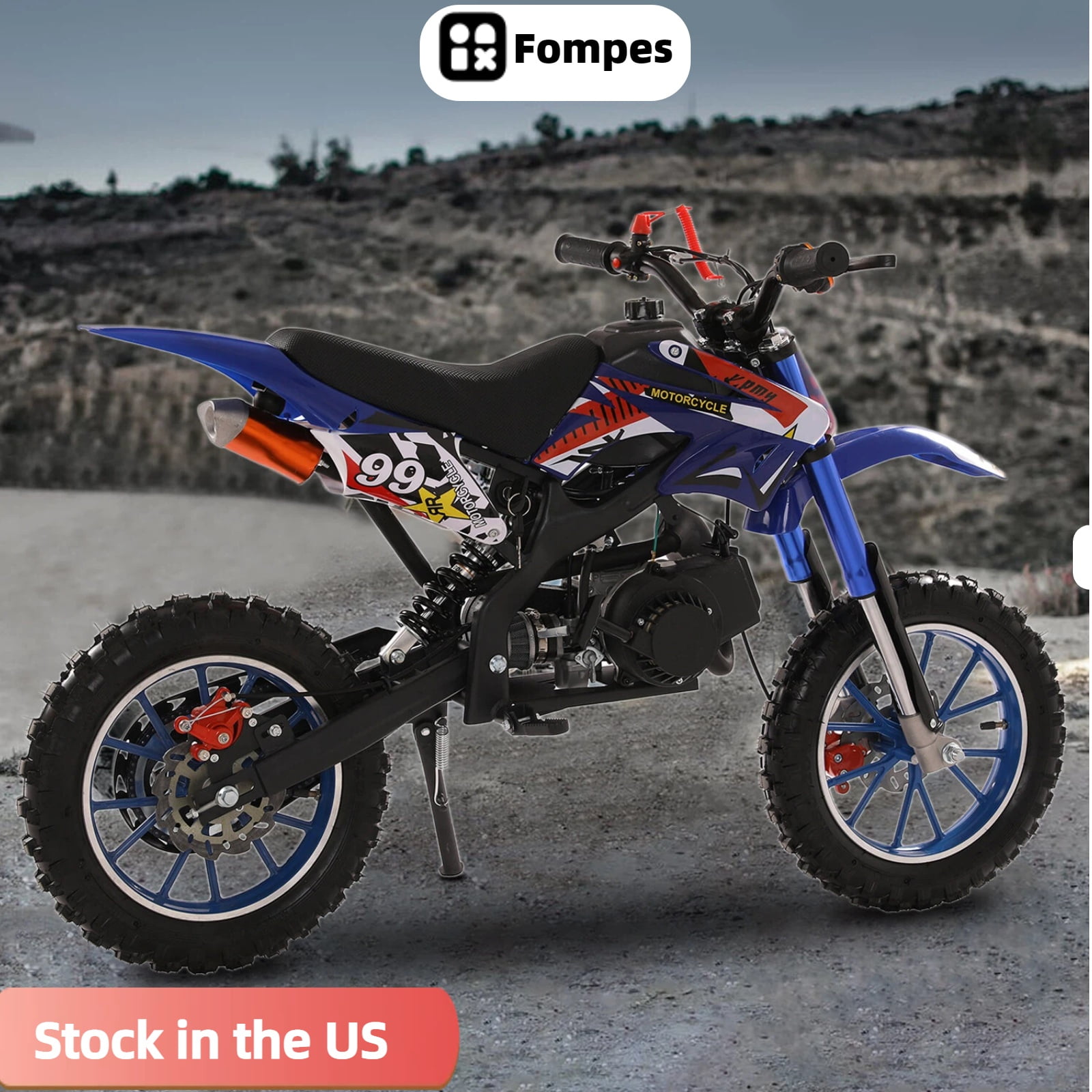 Fompes Mini Dirt Bike 49CC Gas Powered Motocross, 25MPH Off Road Motorcycle with Shock Absorption Springs,Front Rear Disc Brakes, Weight Support Up to 330 LBS(Blue)