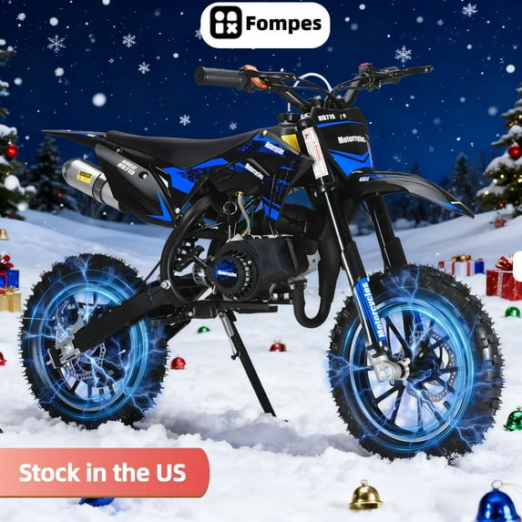Fompes Mini Gas Bike, Off-Road Dirt Bike, Gas Powered 2-Stroke Pocket Bike with Front Rear Disc Brakes, Shock Absorption, Easy Pull Start, Speed Up to 25 Mph, Blue