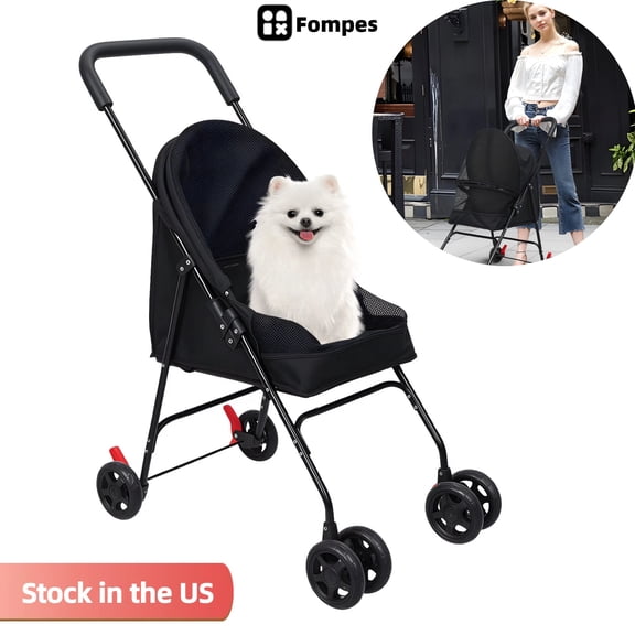 Fompes Pet Stroller for Small-Medium Dogs/Cats, 4-Wheel Lightweight Portable Puppy Travel Jogger with Sun Cover, Breathable and Visible Mesh, Black