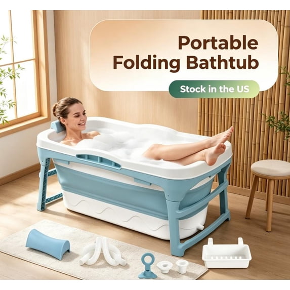 Fompes Portable Bathtub Adult,Foldable Bathtub,62.1 Gal Extra Large Collapsible Hot Spa Ice Bath Tub,Blue Freestanding Ergonomic Adult Insulated Soaking Bathtub for Bathroom