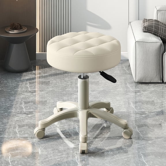 Fompes Round Rolling Stool Chair, Faux Leather Height Adjustable Swivel Drafting Work SPA Shop Medical, Salon Stools with Wheels Office Chair Small - Beige
