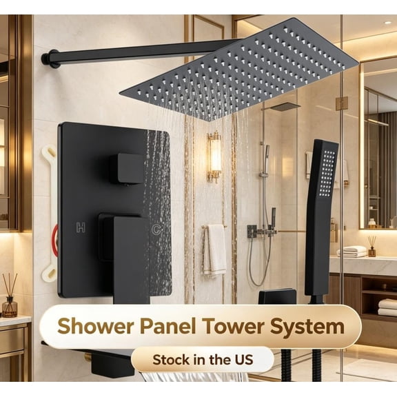 Fompes Shower Panel Tower System,Wall Mounted Shower Panels System with Handheld Rotary Sprayer Head,Changeable Flow Setting Brass Rough-in Valve,10 Inch Large Shower Head (Black)