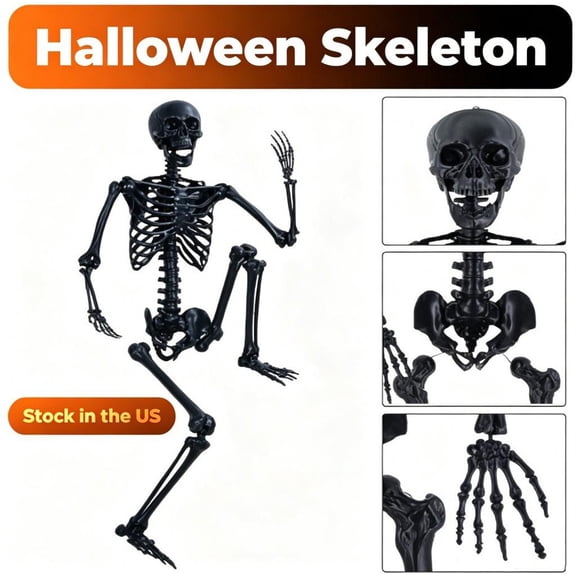 Fompes Skeleton Halloween Decorations,Full Body Realistic Human Bones with Posable Joints,Life Size Imitation Skeleton,Halloween Pose Skeleton Prop Decoration with Hanging Hole (Black,65")