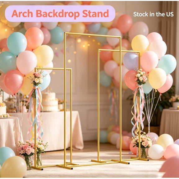 Fompes Square Metal Wedding Arch Backdrop Stand Set of 3 (6.6FT + 5.9FT +4.9FT) , Gold Balloon and Flower Arch Stand Frame