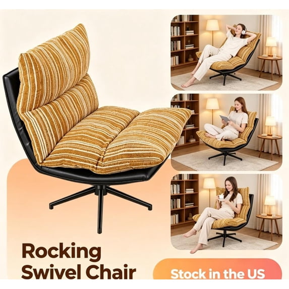 Fompes Swivel Lounge Chair with 360-degree Swiveling,Yellow Rocking Swivel Accent Chair,Oversized Comfy Reading Chair,3 Levels Adjustable Backrest
