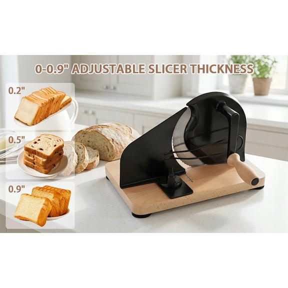 Fompes Upgrade Hand Crank Bread Slicer,Homemade Sourdough Bread Cutter with Steel Wire Guide Rail, Adjustable Cutting Thickness Beech Bread Cutter with Suction Cup Base,Black