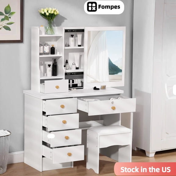 Fompes Vanity Desk with Sliding Mirror Makeup Vanity Table Set with 6 Storage Drawers 2 Open Shelves Stool & Hidden Storage Space Modern Dressing Table for Bedroom White