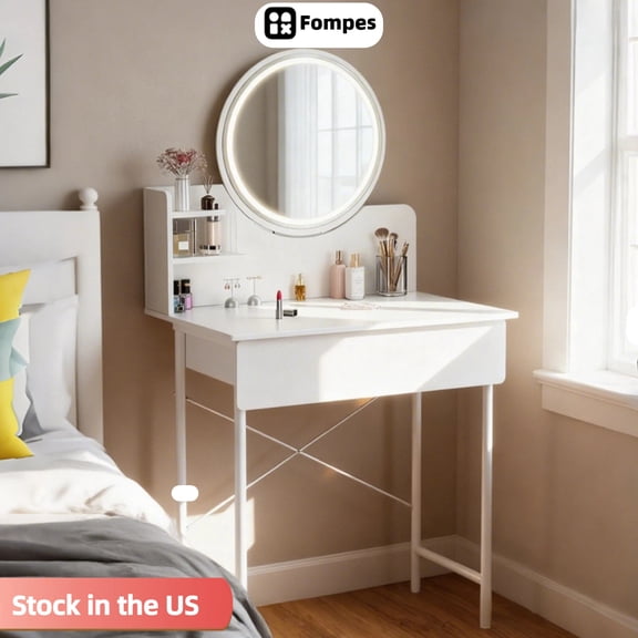 Fompes Vanity Desk with Mirror and Light 1 Drawer 2 Opening Shelves 3 Lighting Modes Adjustable Brightness Bedroom Dressing Table (White)