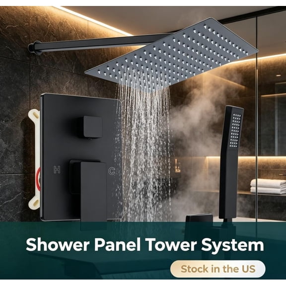 Fompes Wall Mounted Shower Panels System,Shower Panel Tower System with Handheld Rotary Sprayer Head,10 Inch Large Shower Head,Changeable Flow Setting Brass Rough-in Valve,Black