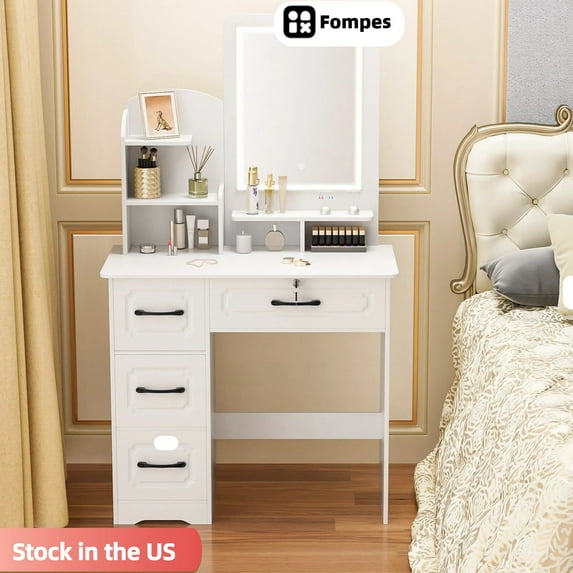 Fompes Wood Makeup Vanity Desk with Mirror and Lights Makeup Table with 4 Drawer and 6 Open Shelves Bedroom Dressing Table