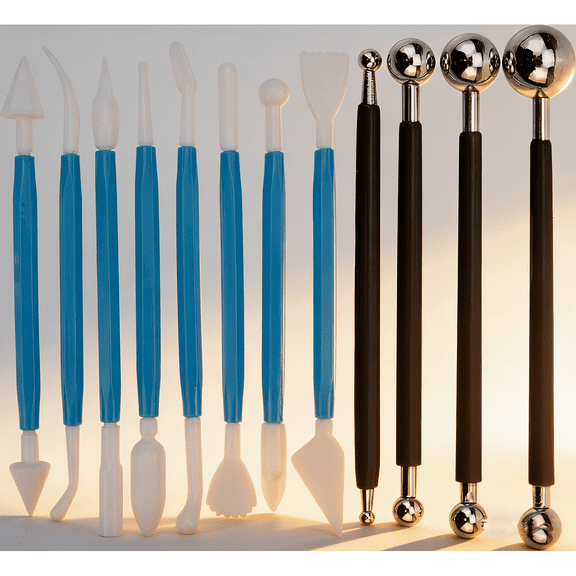 Fondant Cake Decorating Kit, Sculpting Modeling Tools Plastic Clay Baking Craft Tools Set and Double Head Metal Ball Gum Paste Modeling Tool Sets