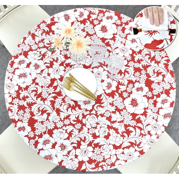 Fondlier Indoor/Patio Round Fitted Vinyl Tablecloth, Flannel Backing & Elastic Edge, Oil & Waterproof Wipeable Plastic Cover, Floral Red Christmas Holiday Pattern for 5-Seat Table of 36-42’’ Diameter