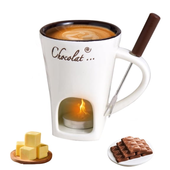 Fondue Cup, Chocolate Melting Fondue Mugs Set of with Forks and Candle, Ceramic Chocolate Melting Cup, Mini Chocolate Fondue Cups Set For Date Night Birthday Wedding Gifts (Red)
