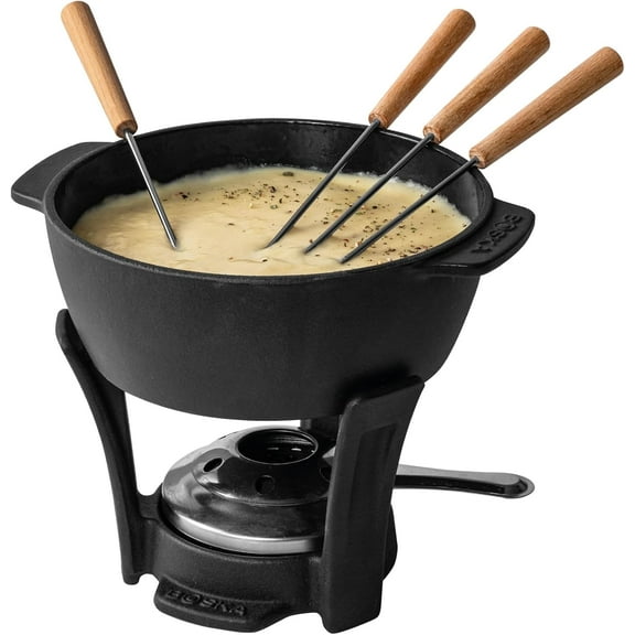 Fondue Pot Set Party Pro - Cast Iron Fondue Set - Durable Fondue Pot inc. Burner and 4 Forks - for All Type of Stoves - Cheese Fondue Melts smoothly Every time