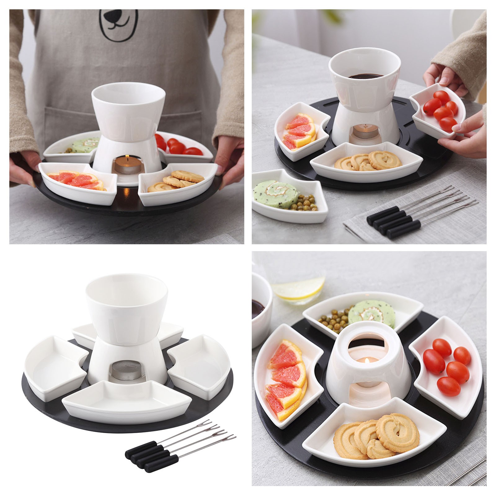 Schokoladen-Fondue Set - Keramik Schmelzbecher 200ml Mit Teelicht & Gabel