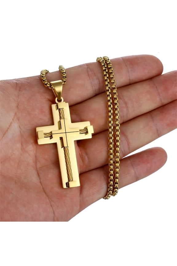 14K Yellow Gold Pendant Necklace for Men Multiple Color Cable Cross Twisted Link Chain Male Neck Christian Jewelry