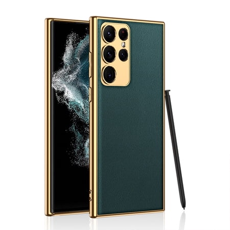 Fongwan Luxury Leather Case Compatible with Samsung Galaxy S23 Ultra Electroplate Shockproof Bumper Case-Green