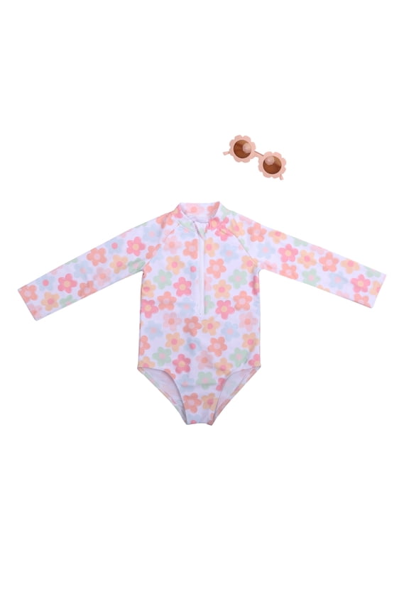Toddler Girls Long Sleeve Rash Guard Swimsuit, Flower Print, 3 Months-4T