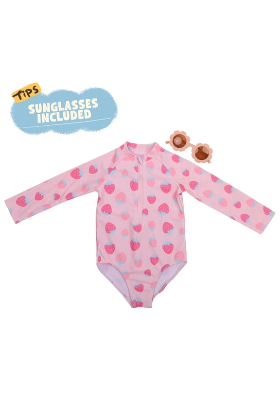 Toddler Girls Long Sleeve Rash Guard Swimsuit, Strawberry or Flower Print, 3 Months-4T