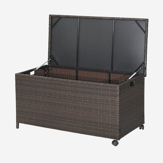 Fonirra Patio Rattan Wicker Storage Deck Box Container 50 Gallon, All-Weather Storage Box with Protective Liner and Wheels