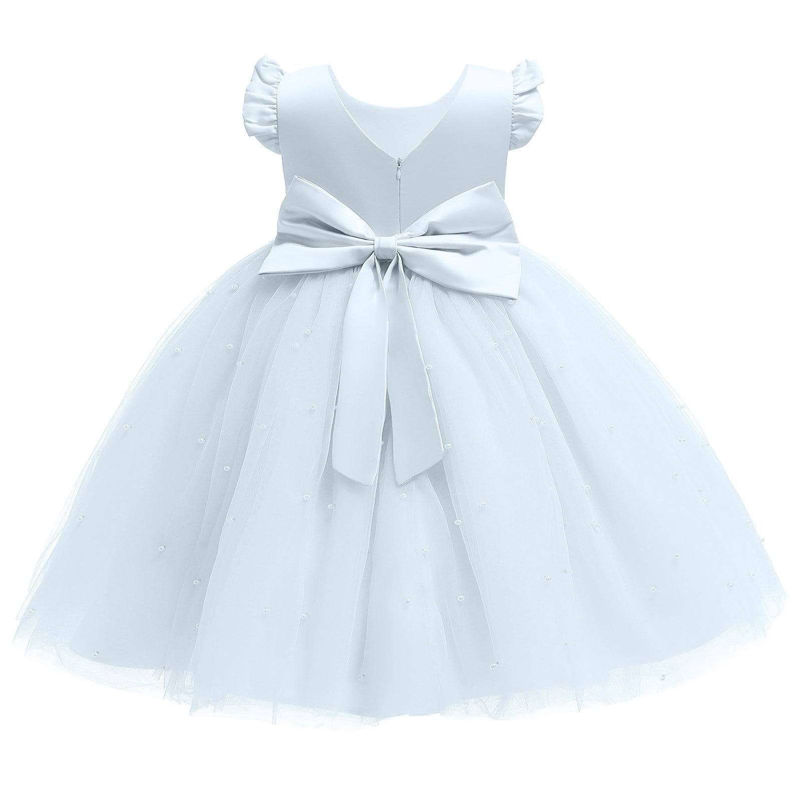 Girls Satin Flower Girl Dress - V-Neck V-Back First Communion Dress With Bow, White Ball Gown For Wedding Party-572071