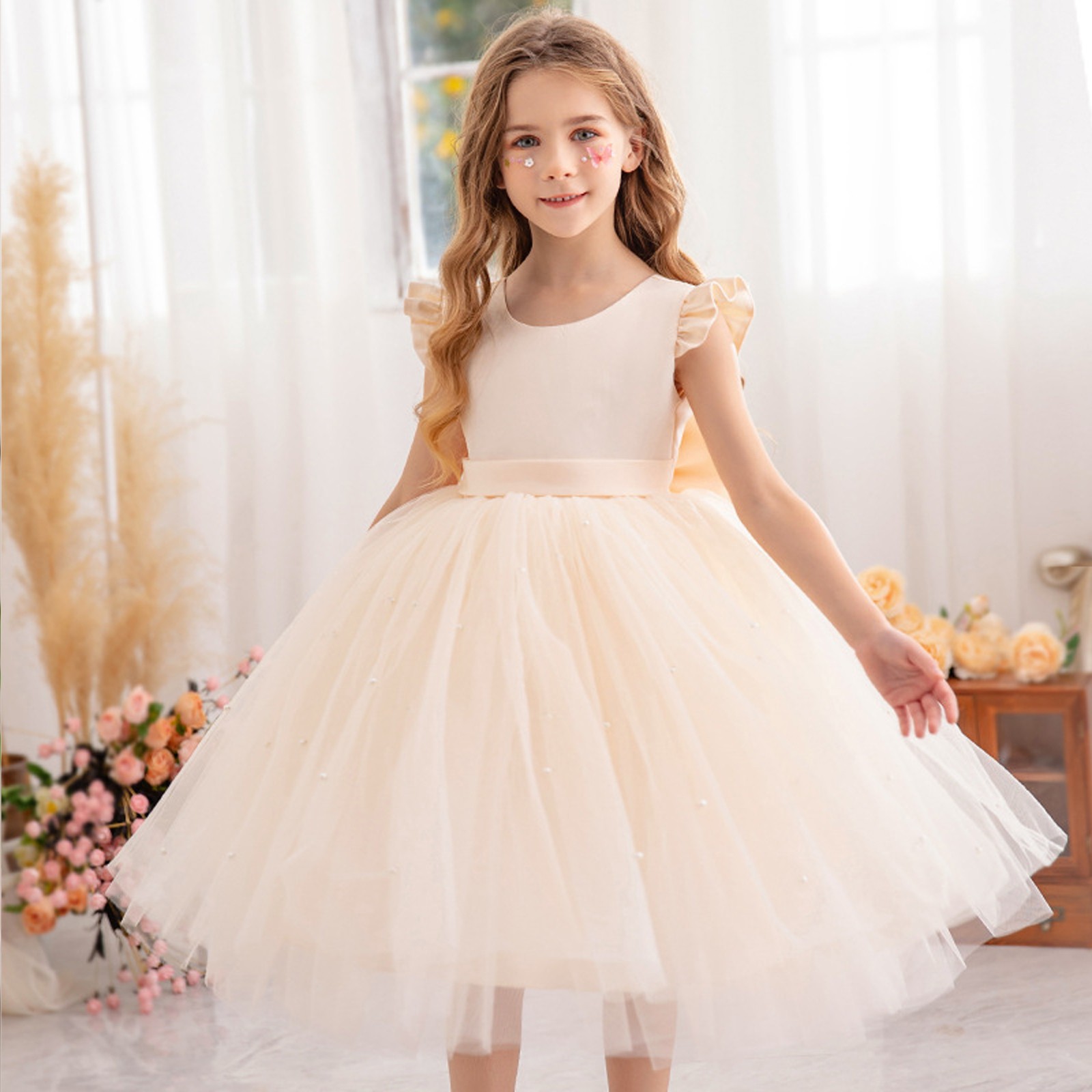 Fonma Flower Girl Dress Wedding Guest Ruffle Tulle Satin Party Birthday Princess Pageant Gown Kids Knee Length Beige