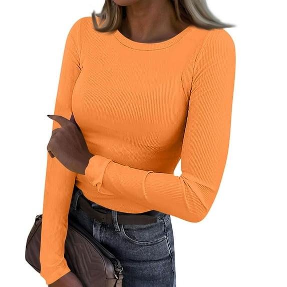 Fonma Going Out Tops for Women Fall Long Sleeve Lightweight Tops Ribbed Crew Neck Shirts Winter Trendy Travel Clothes Orange XL