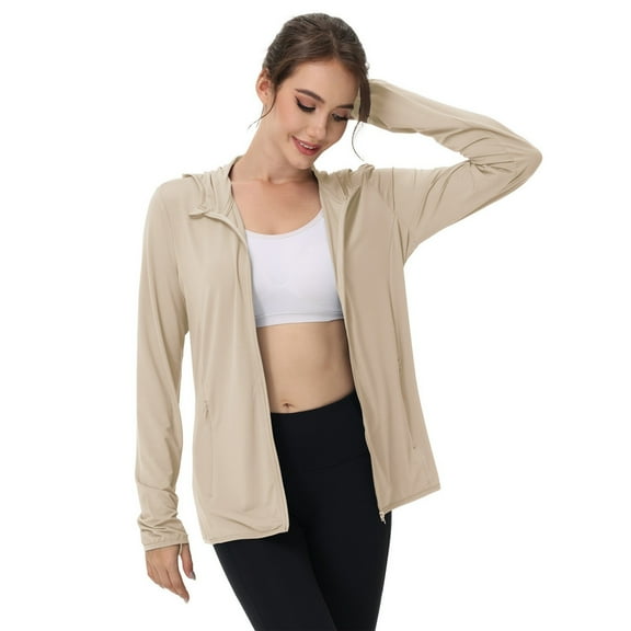Fonma Hooded Women's Athletic Full Zip Lightweight Workout Jacket with Pockets Beige S