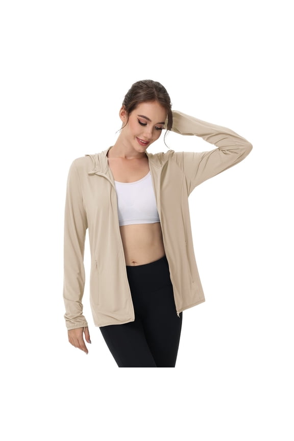 Hooded Women's Athletic Full Zip Lightweight Workout Jacket with Pockets Beige S
