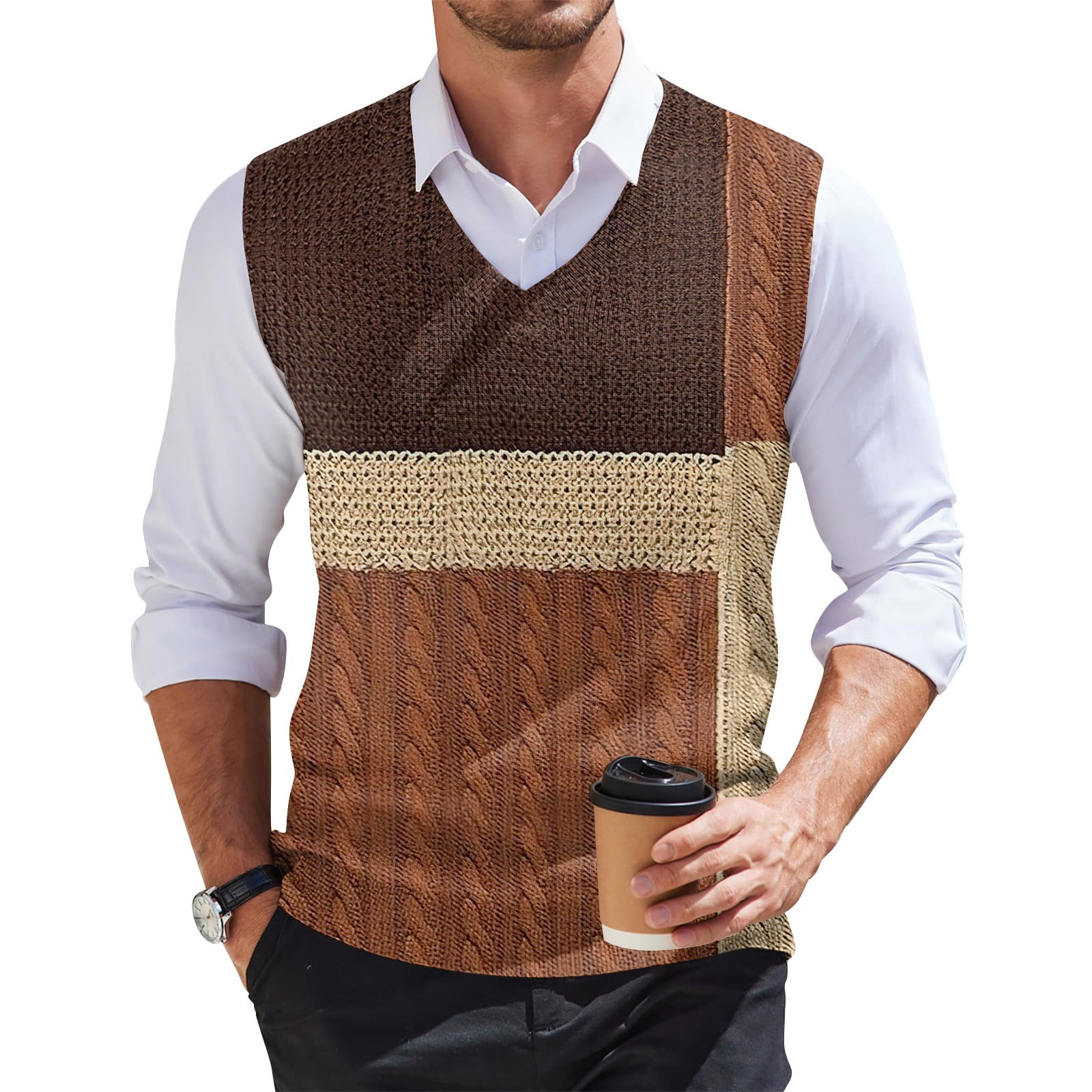 Toptie Men's 100% Cotton Knit Sweater Vest, V Neck Cable