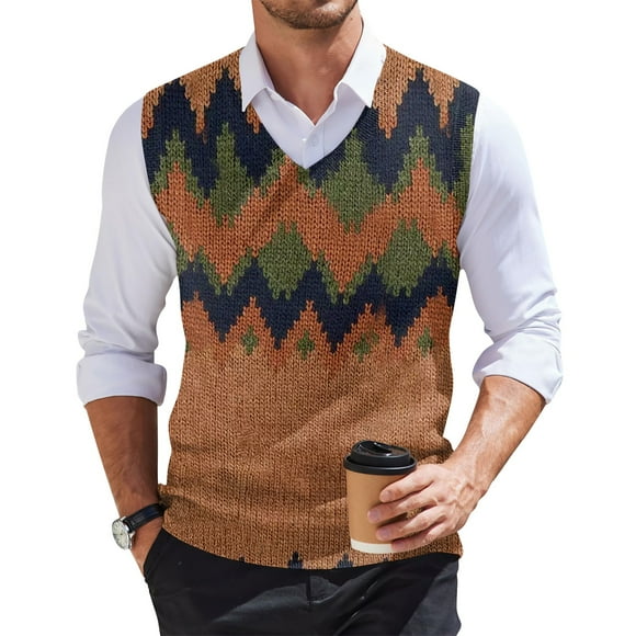 Fonma Men's Sleeveless Sweater Vest Lightweight V-Neck Cotton Vest Plaid Pullover Light Brown 2XL