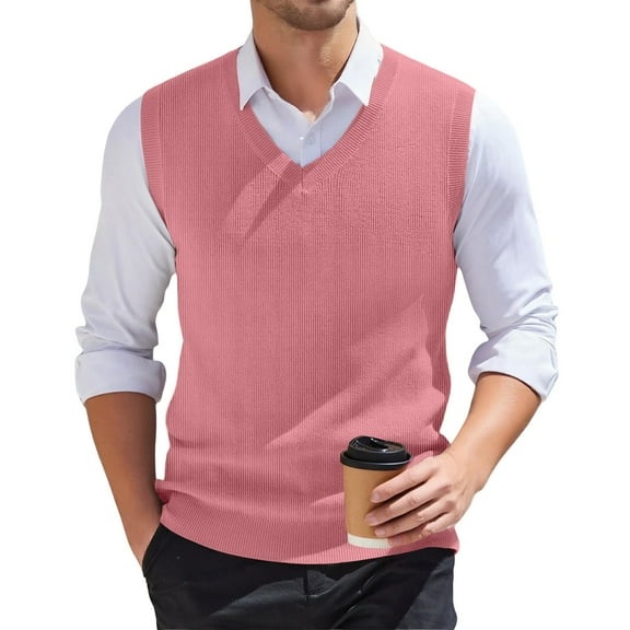 Fonma Men's Sweater Vest Classic V-Neck Knitted Pullover Sweaters Tops Sleeveless Relaxed Fit Knitwear Vests Pink XL