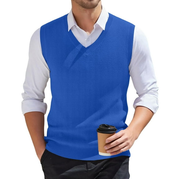 Fonma Men's Sweater Vest Classic V-Neck Knitted Pullover Sweaters Tops Sleeveless Relaxed Fit Knitwear Vests Royal Blue XL