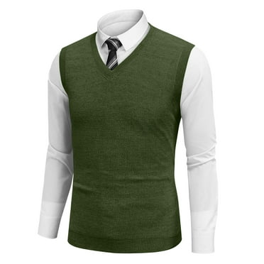 Fonma Mens V-Neck Knitted Sweater Vest Solid Plain Sleeveless Pullover Knitwear Loose Fit Sweater Tops Army Green M