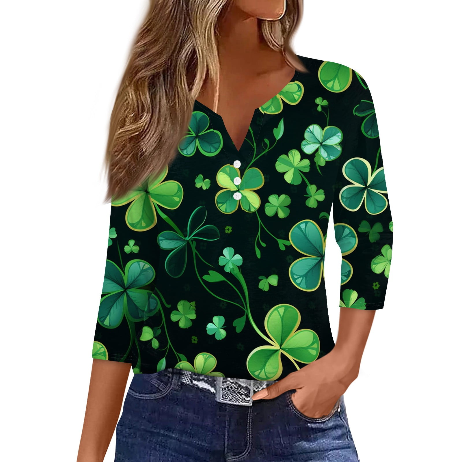 Fonma St Patricks Day Shirt For Women Glitter Love Shamrock Button V Neck Sleeve Y K Casual