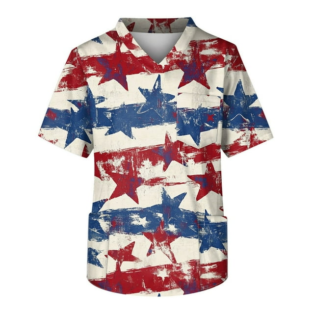 Fonma Usa Star Stripes Fourth July Scrub Tops V Neck Short Sleeve Stretchy Usa Flag T Shirts Holiday Scrubs with Pockets Wine S