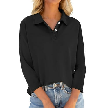 Fonma Women's 3/4 Sleeve T Shirts Summer V Neck Button Down Polo Shirts Collared Casual Loose Fit Tops Black M