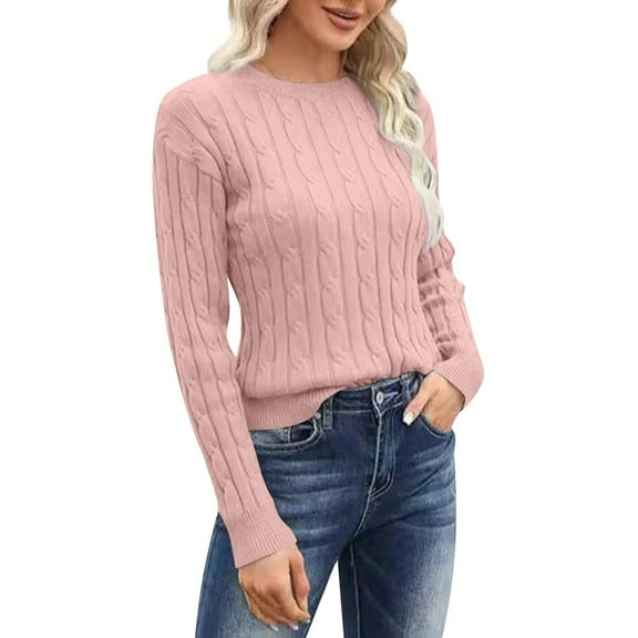 Fonma Women's Classic-fit Lightweight Cable Long Sleeve Crewneck Loose Casual Sweater Jumpers Tops Pink M