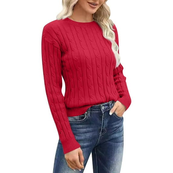 Fonma Women's Classic-fit Lightweight Cable Long Sleeve Crewneck Loose Casual Sweater Jumpers Tops Red 2XL