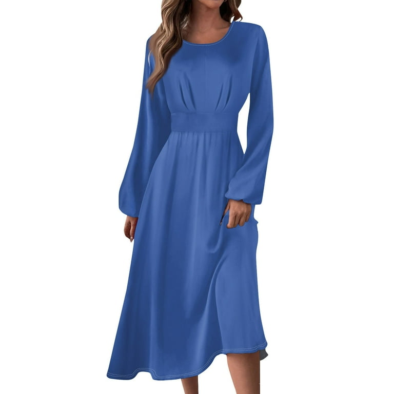 Fonma Women's Long Sleeves Maxi Dress Plain Empire Waist Casual