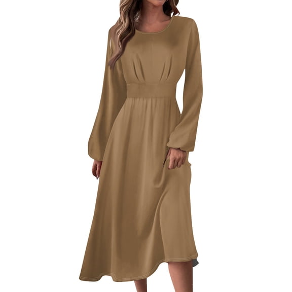 Fonma Women's Long Sleeves Maxi Dress Plain Empire Waist Casual Dress Loose Fall/Winter Dresses Light Brown M