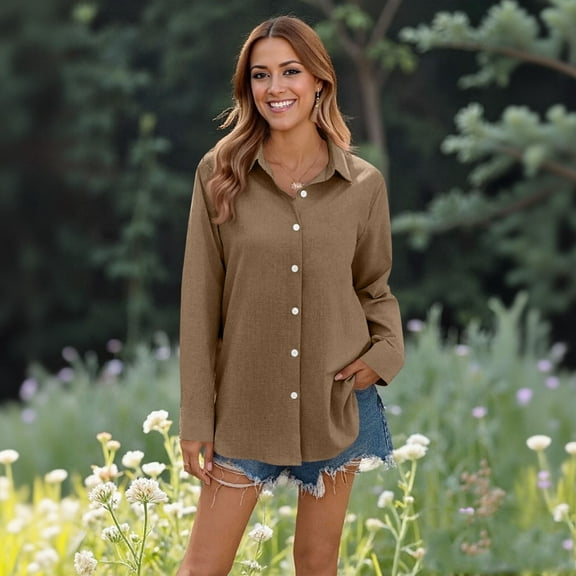 Fonma Womens Button Down Shirt Linen Button Up Shirts for Women Long Sleeve Summer Shirt Collared Blouse Linen Tops Light Brown M