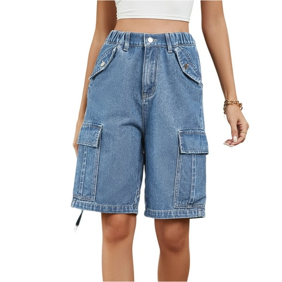 Fonma Womens Denim Cargo Shorts Straight Leg High Waisted Y2k Hiking Shorts Knee Length Comfy 2025 Jean Jorts with Pockets Blue S