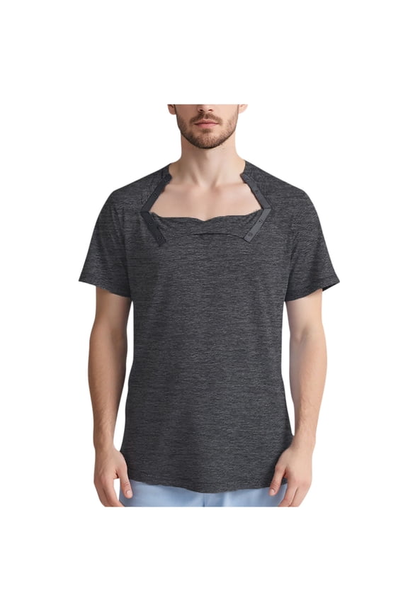 Fonmwin Men's Tear-Away Snap-Open Recovery Shirt - Short Sleeve Tee for Post-Surgery & Chemo Port Access