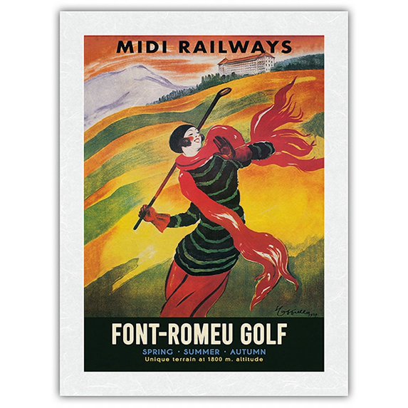 Font-Romeu Golf - France - Midi Railways - Vintage Travel Poster by Leonetto Cappiello c.1929 - Japanese Unryu Rice Paper Art Print (Unframed) 18 x 24 in