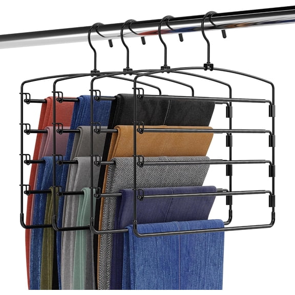 Fontaines Luxury 5 Tier Pants Hangers 4 Pack - Ultra Slim & Space Saving Heavy Duty Metal Swivel Hook with Swing Arm for Clothing, Jeans, Slacks, Skirts, Leggings Dress Pant Closet Organization