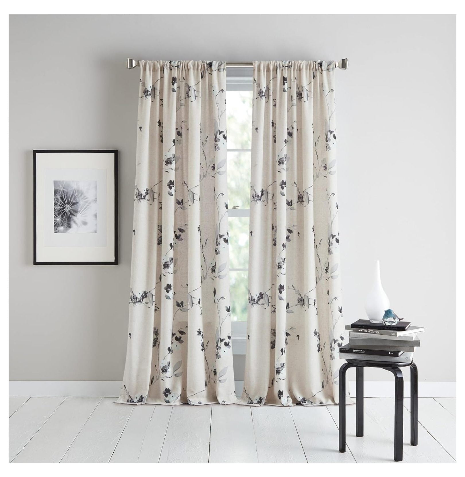 Fontana Floral Gray Polyester Rod Pocket Window Panels, 50in x 84in