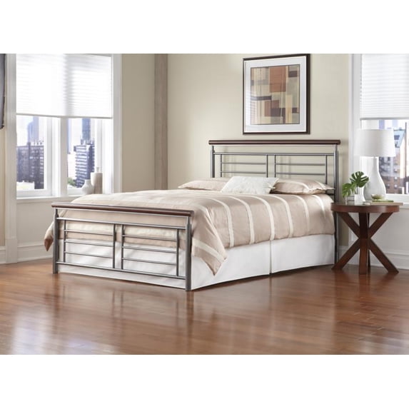 Fontane Complete Metal Bed and Steel Support Frame with Geometric Grills and Rounded Cherry Wood Color Top Rails, Silver Finish, King