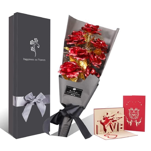 FonteeUS 9Pcs Gold Rose Flower Bouquet, Gold Foil Artificial Rose Bouquet with Gift Box, Romantic Present for Her on Valentines Day, Mothers Day, Anniversary, Birthday, Christmas, Decoration A101