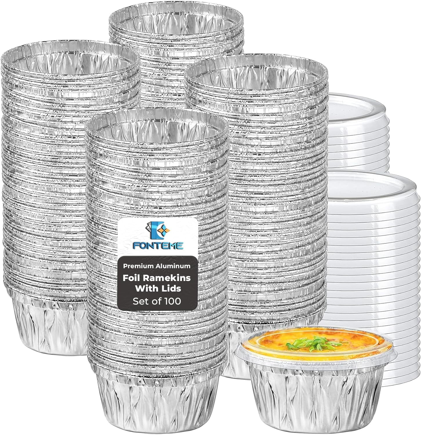 Fonteme 4 oz Aluminum Foil Ramekins with Lids 100Pack Freezer & Oven